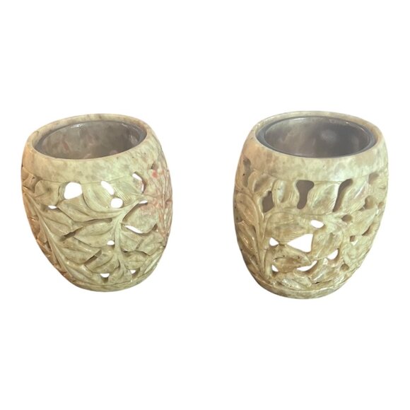 2 Yankee Candle Tea Light Candle Holders Carved Soapstone Rose India 3" - Picture 1 of 9